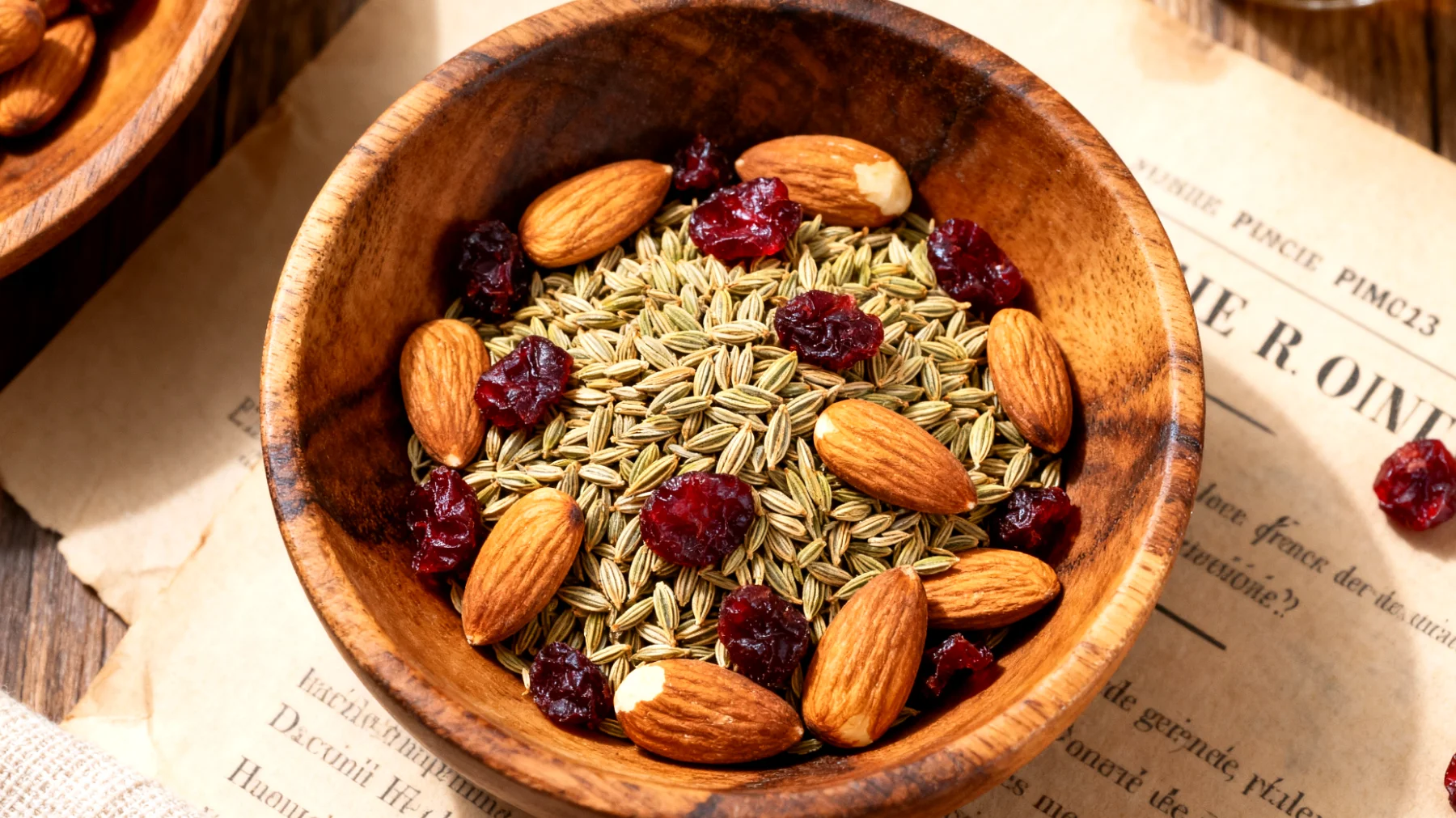 Graines de fenouil torréfiées avec amandes et canneberges séchées"