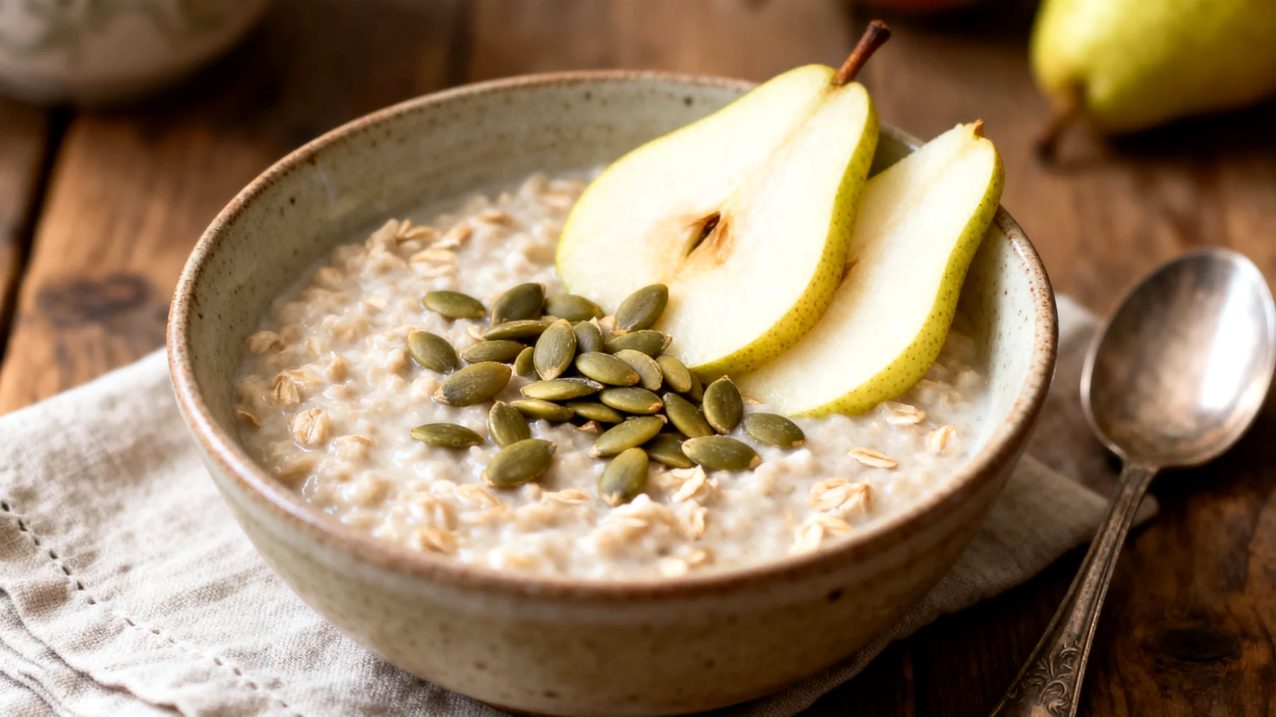 Porridge d'avoine fermentée avec graines de courge et poire"